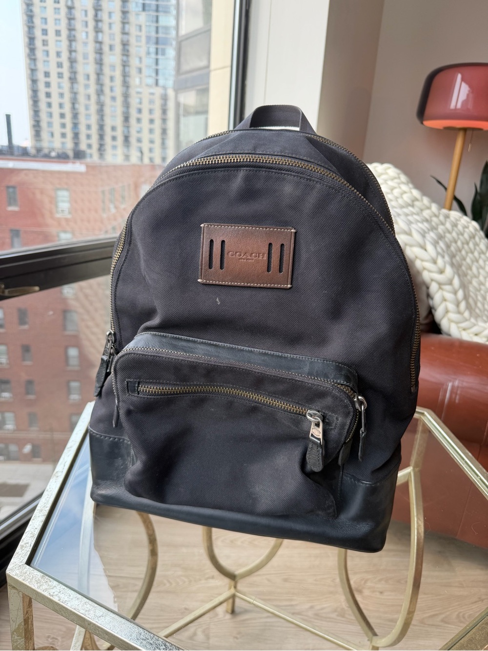 Coach Black Nylon Backpack with Brown Leather Patch and Accents